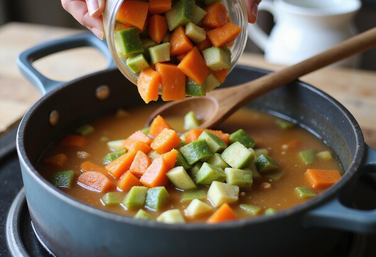 Adding chopped vegetables to Swanson beef broth, creating a flavorful base for a Hearty Swanson Beef Broth Bowl.