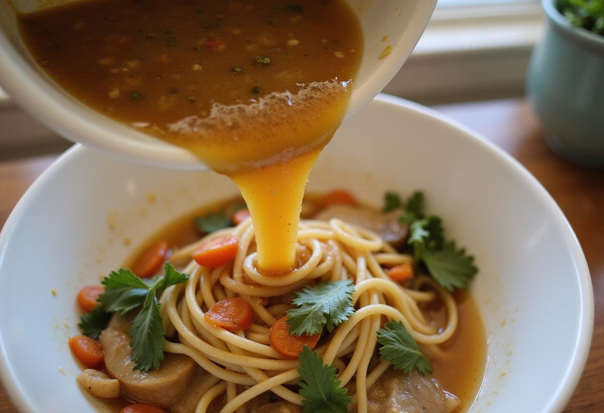 Ladling flavorful broth over cooked noodles for a Hearty Swanson Beef Broth Bowl, showcasing the comforting dish preparation.