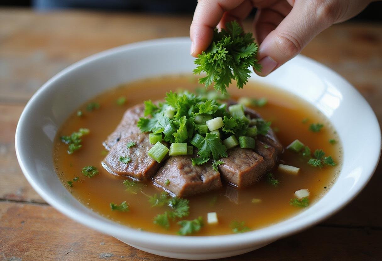 Garnishing the Hearty Swanson Beef Broth Bowl with fresh herbs, enhancing the flavors and presentation of the dish.