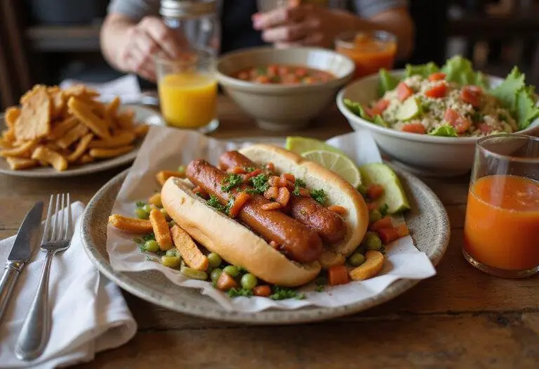 Complete meal display featuring nutritious Hebrew National hot dogs, salad, and drinks, showcasing a vibrant lunch or dinner setting.