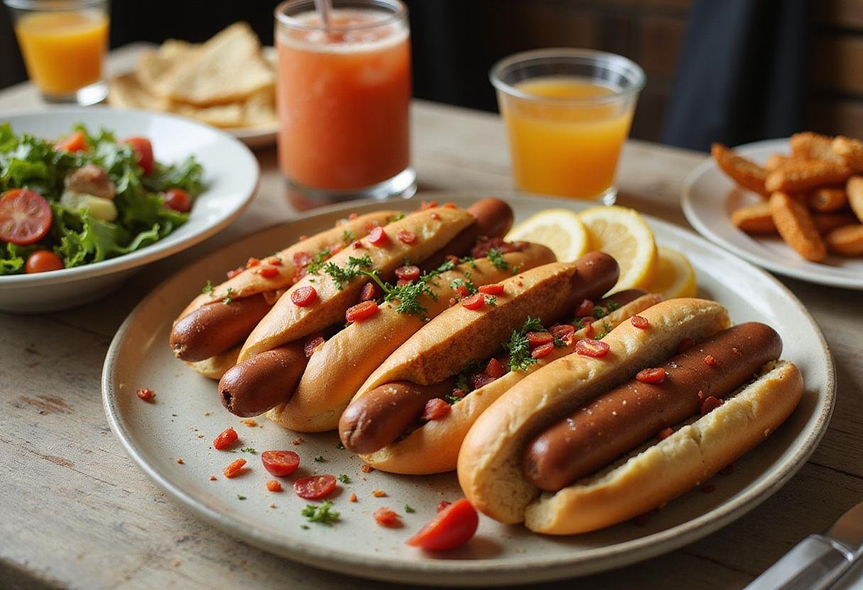 Complete meal display featuring nutritious Hebrew National hot dogs, salad, and drinks, showcasing a vibrant lunch or dinner setting.