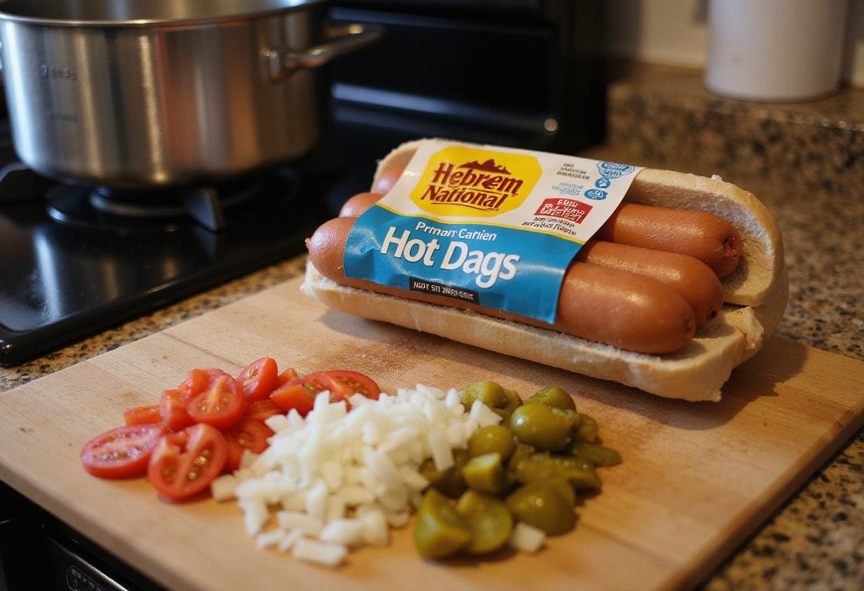 Nutrition Hebrew National hot dogs preparation with fresh ingredients including vegetables and boiling water.