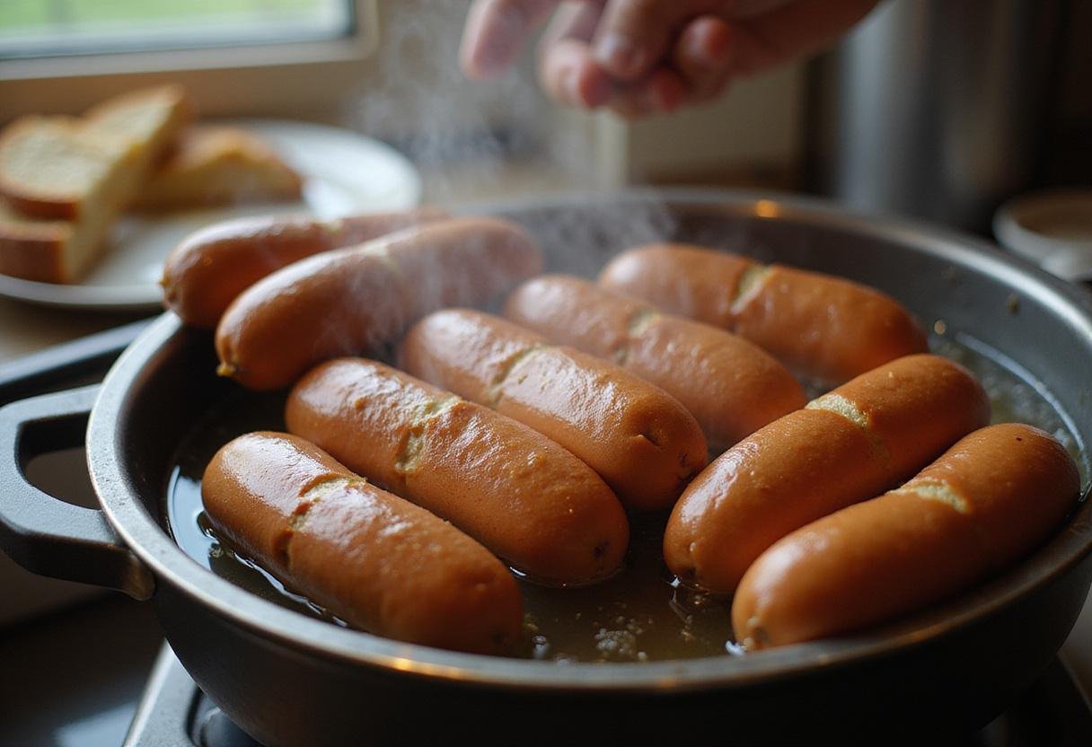 Cooking Hebrew National hot dogs in simmering water, showcasing their preparation process for nutritious meals.