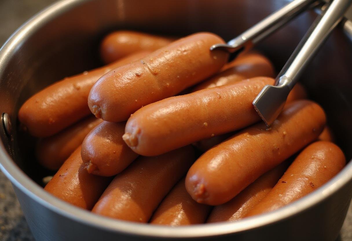 Removing Hebrew National hot dogs from boiling water, emphasizing the cooking techniques for nutritious hot dogs.