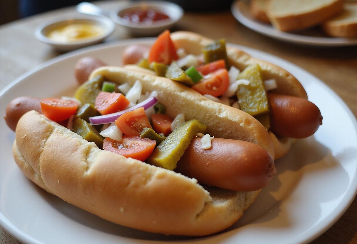 Garnished Hebrew National hot dogs on a plate, served with fresh toppings and condiments, ideal for a nutritious meal.