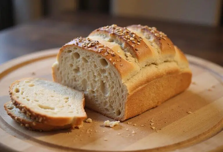 Freshly baked high-fiber bread on a cutting board, highlighting its nutritious ingredients and soft texture perfect for healthy meals.