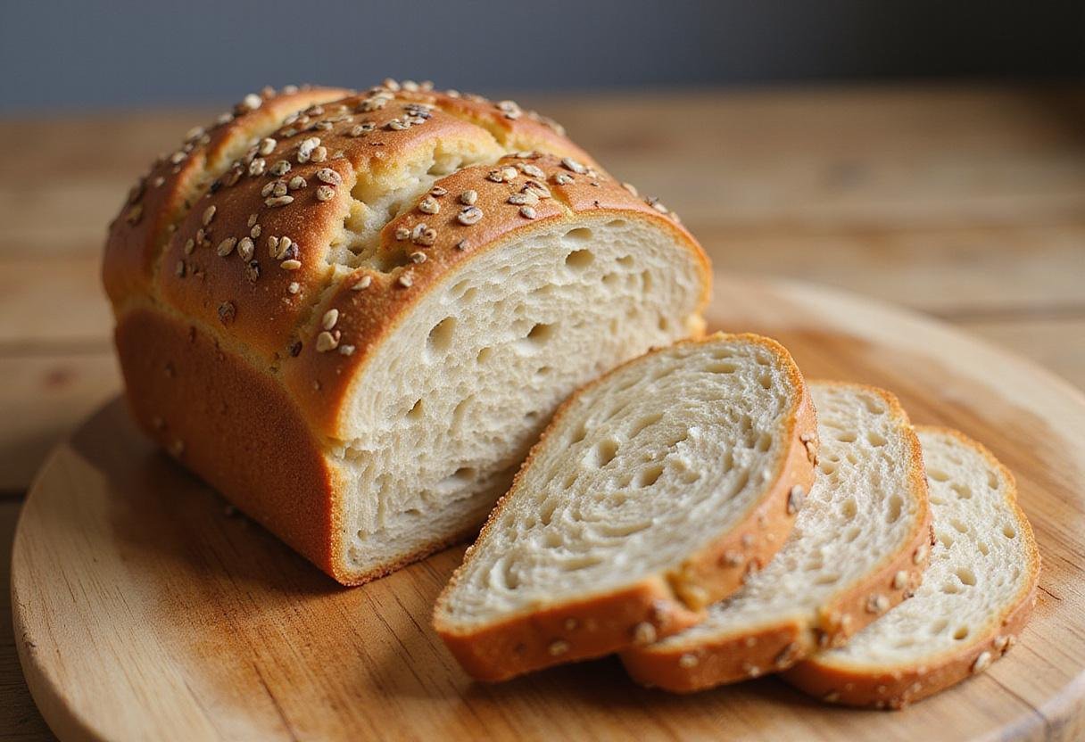 Freshly baked high-fiber bread on a cutting board, highlighting its nutritious ingredients and soft texture perfect for healthy meals.