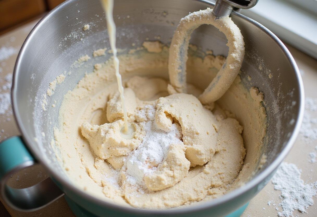 Combining ingredients for high-fiber bread with yeast, water, and dry mixture in a mixing bowl to create a nutritious dough.