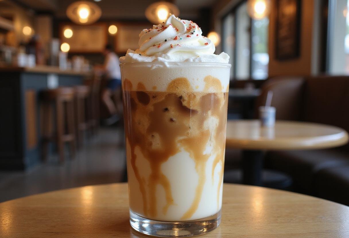 Final presentation of Iced Vanilla Cream Cloud drink, beautifully layered and garnished, perfect for showcasing vanilla cream cold brew.