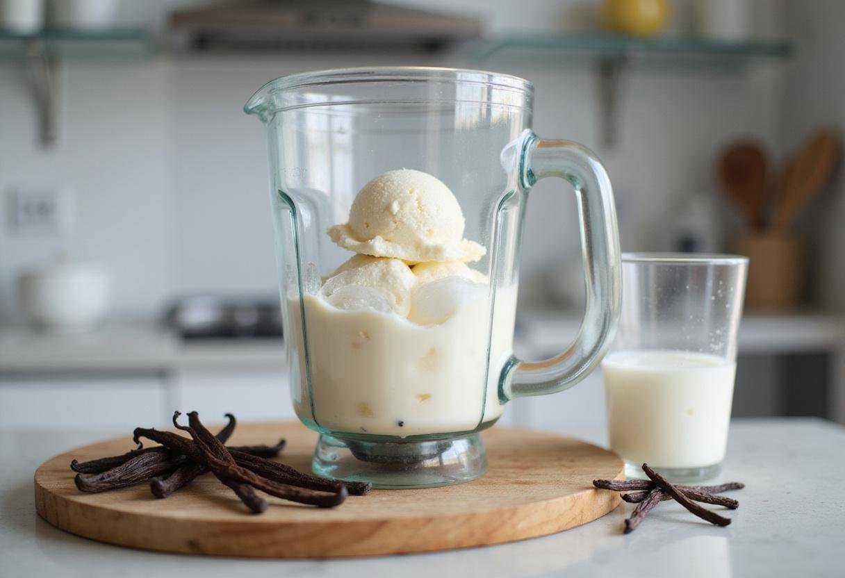 Iced Vanilla Cream Cloud ingredients: ice cubes, vanilla ice cream, vanilla pods, and milk in a blender for cold brew.