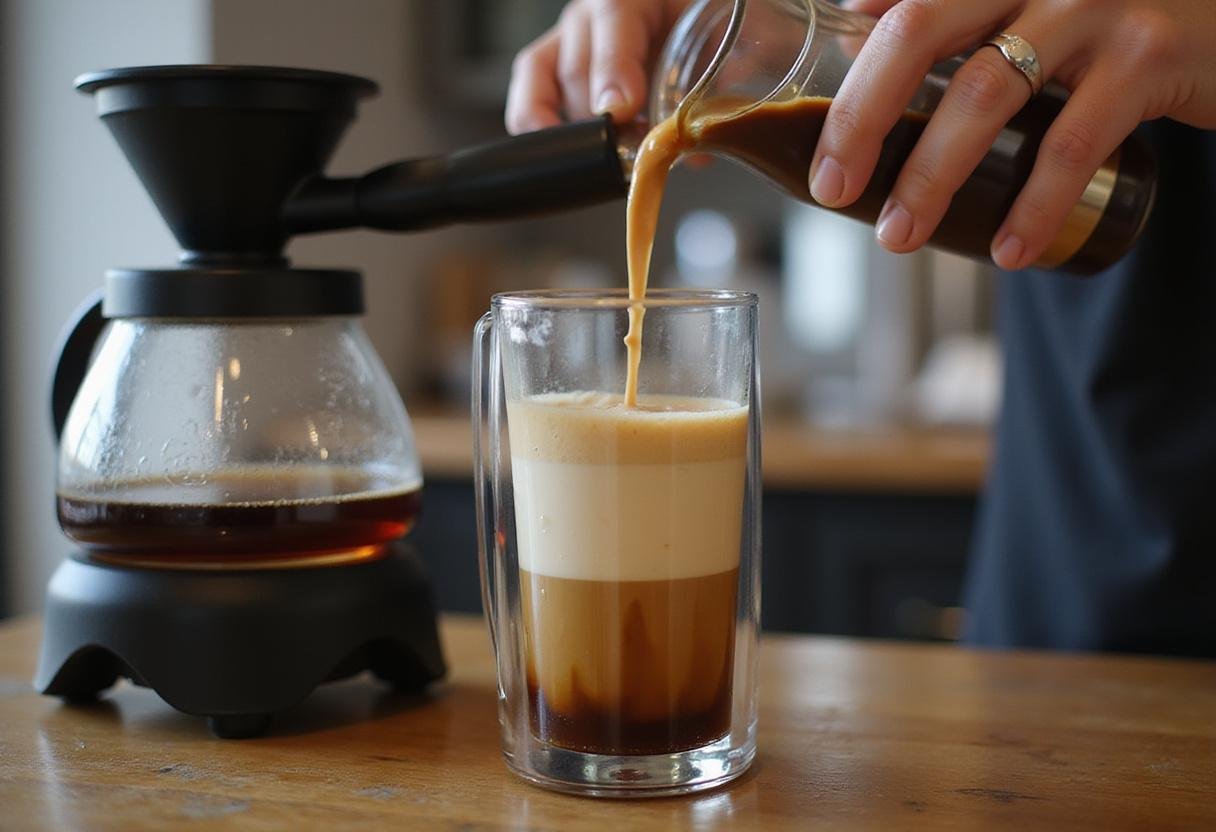 Brewing coffee for Iced Vanilla Cream Cloud, showcasing layered vanilla mixture and fresh coffee in a modern coffee maker.