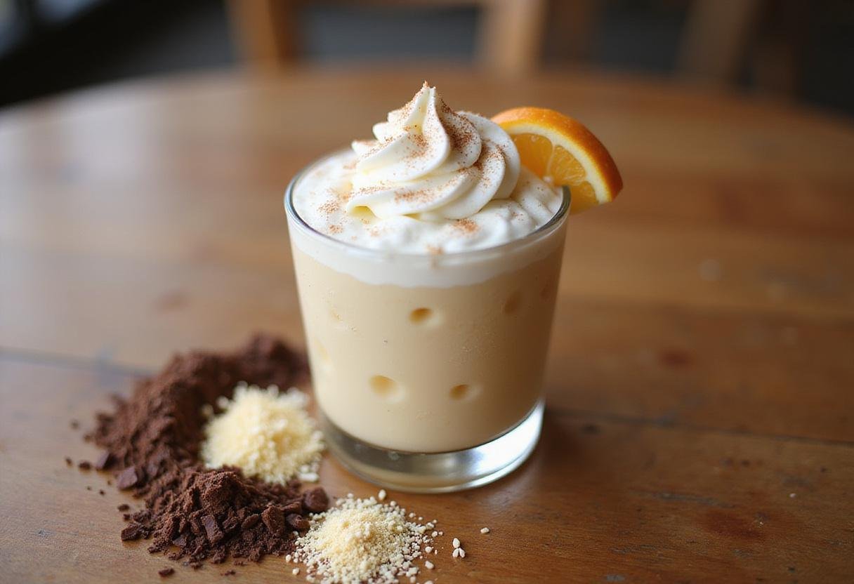 Garnishing the finished Iced Vanilla Cream Cloud drink with colorful toppings like chocolate shavings and vanilla sprinkles.
