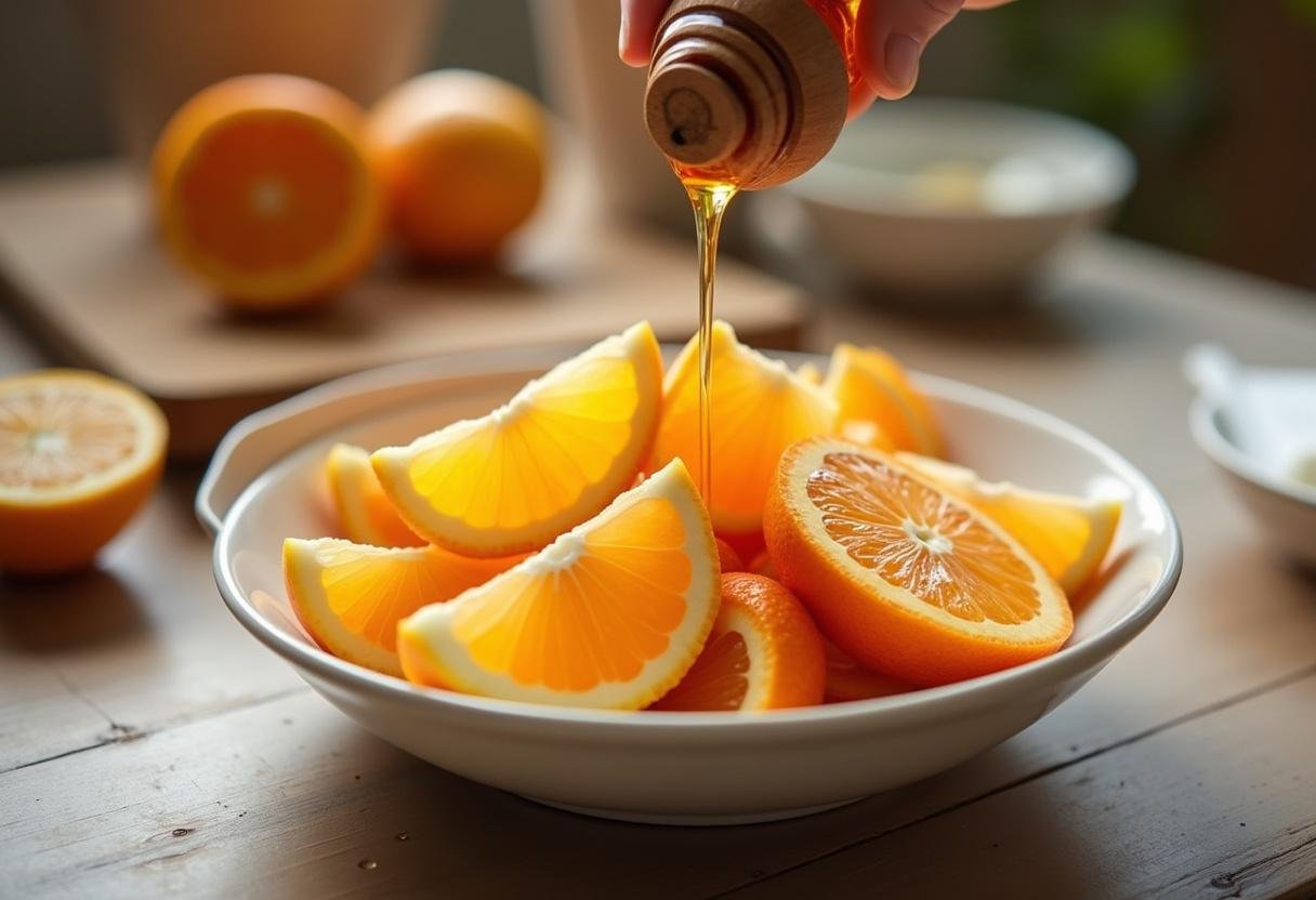 Honey being poured over citrus wedges in a bowl for the Immune Boosting Citrus Bowl.