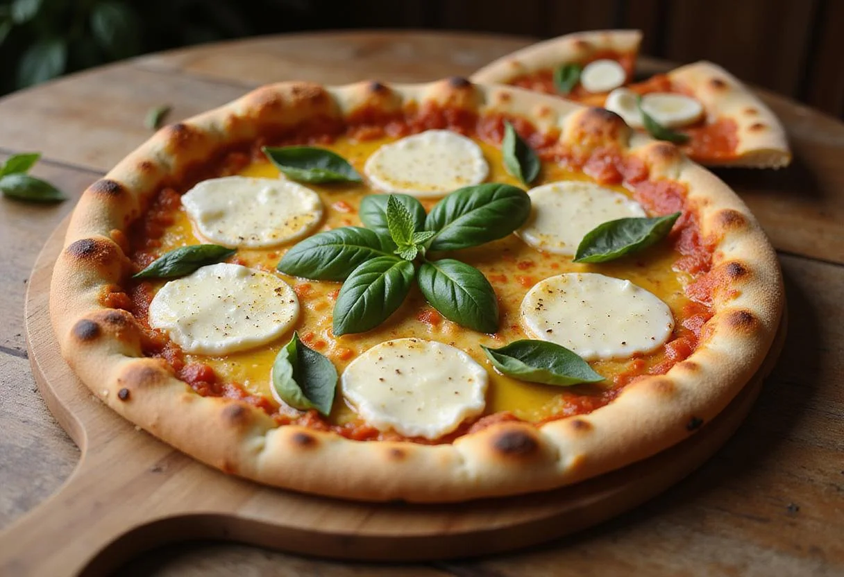 Delicious Imperial Italian pizza feast displayed on a wooden table, showcasing perfect crust, melted cheese, and fresh toppings for a delightful meal.
