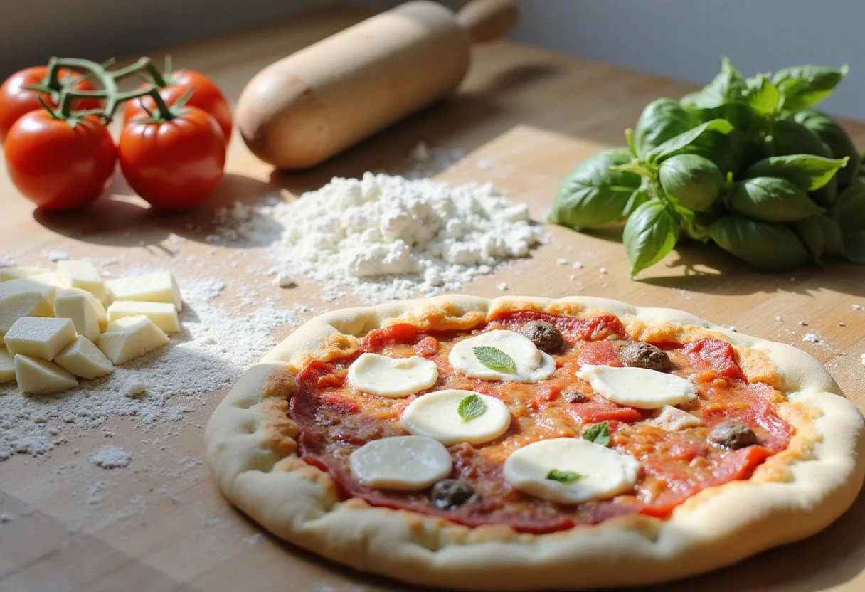 Imperial pizza menu ingredients on a wooden table featuring flour, tomatoes, mozzarella cheese, and basil for an Italian pizza feast.