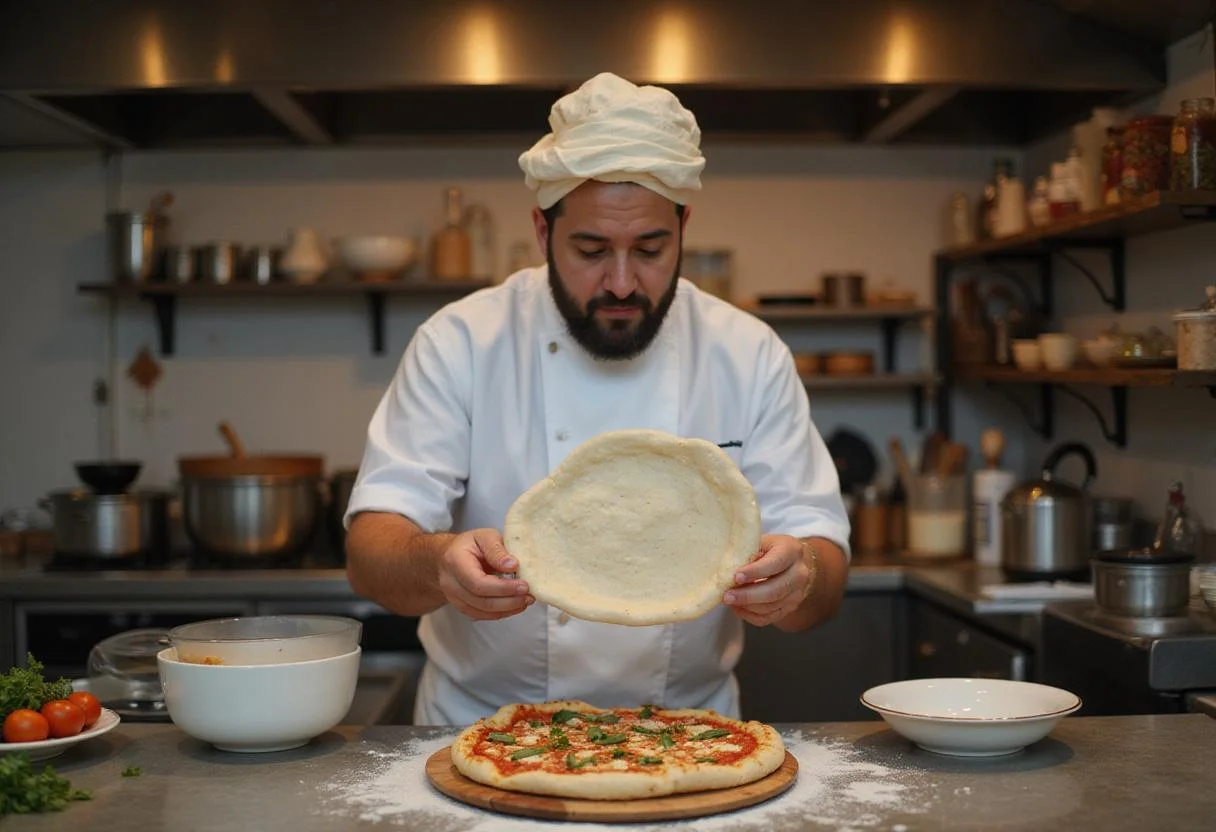 Chef skillfully tossing pizza dough in the air for Imperial Italian pizza preparation, capturing the essence of an authentic pizza-making process.