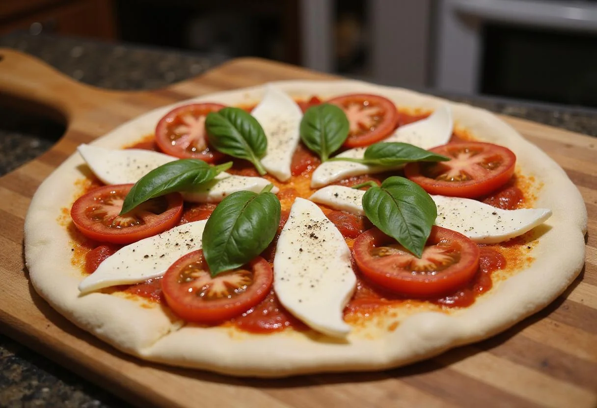 Arranging fresh toppings for an Imperial Italian pizza, showcasing vibrant tomatoes, mozzarella, and basil on dough ready for baking.