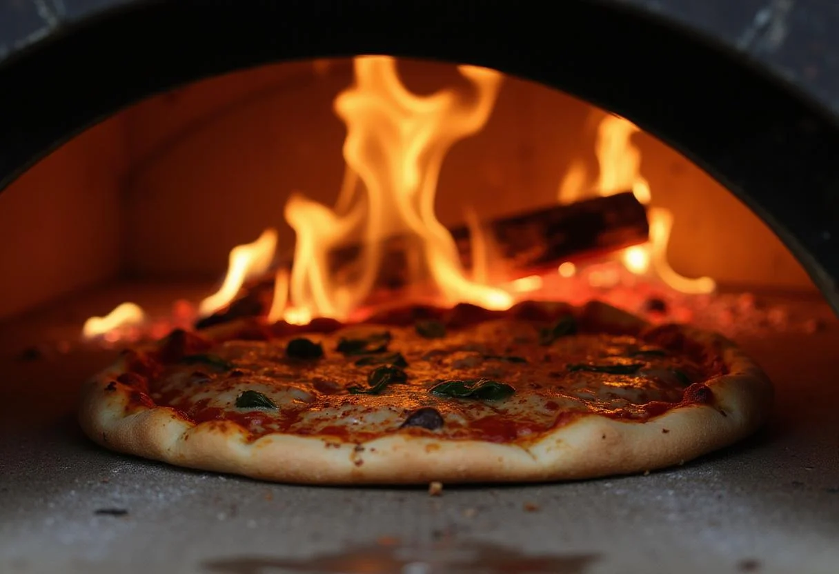 Imperial Italian pizza being placed in a wood-fired oven for authentic baking, highlighting the traditional method of pizza cooking.