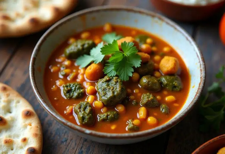 Finished Indian Lentil & Spinach Curry in a bowl, garnished and ready to enjoy with naan.