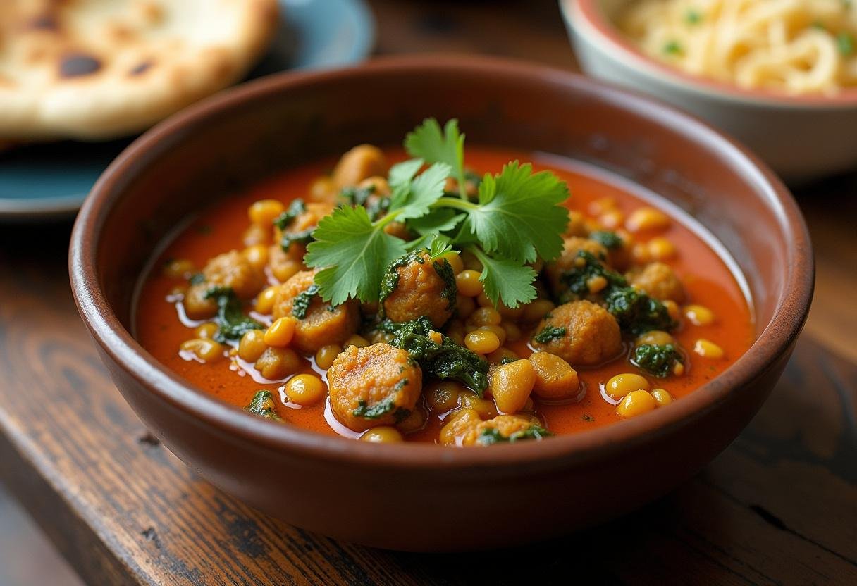 Finished Indian Lentil & Spinach Curry in a bowl, garnished and ready to enjoy with naan.