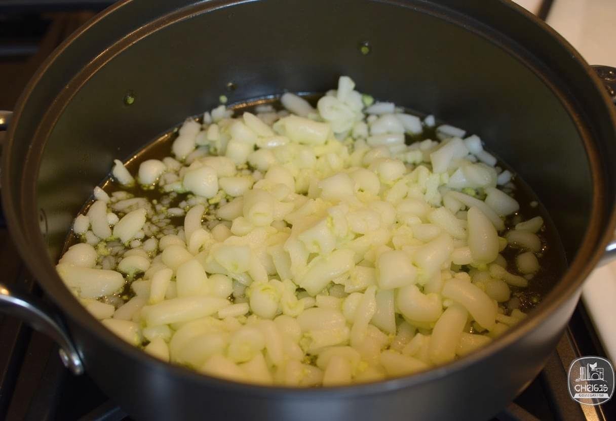 Chopped onions and garlic sautéing in a pot to create a flavorful base for Indian Lentil & Spinach Curry.