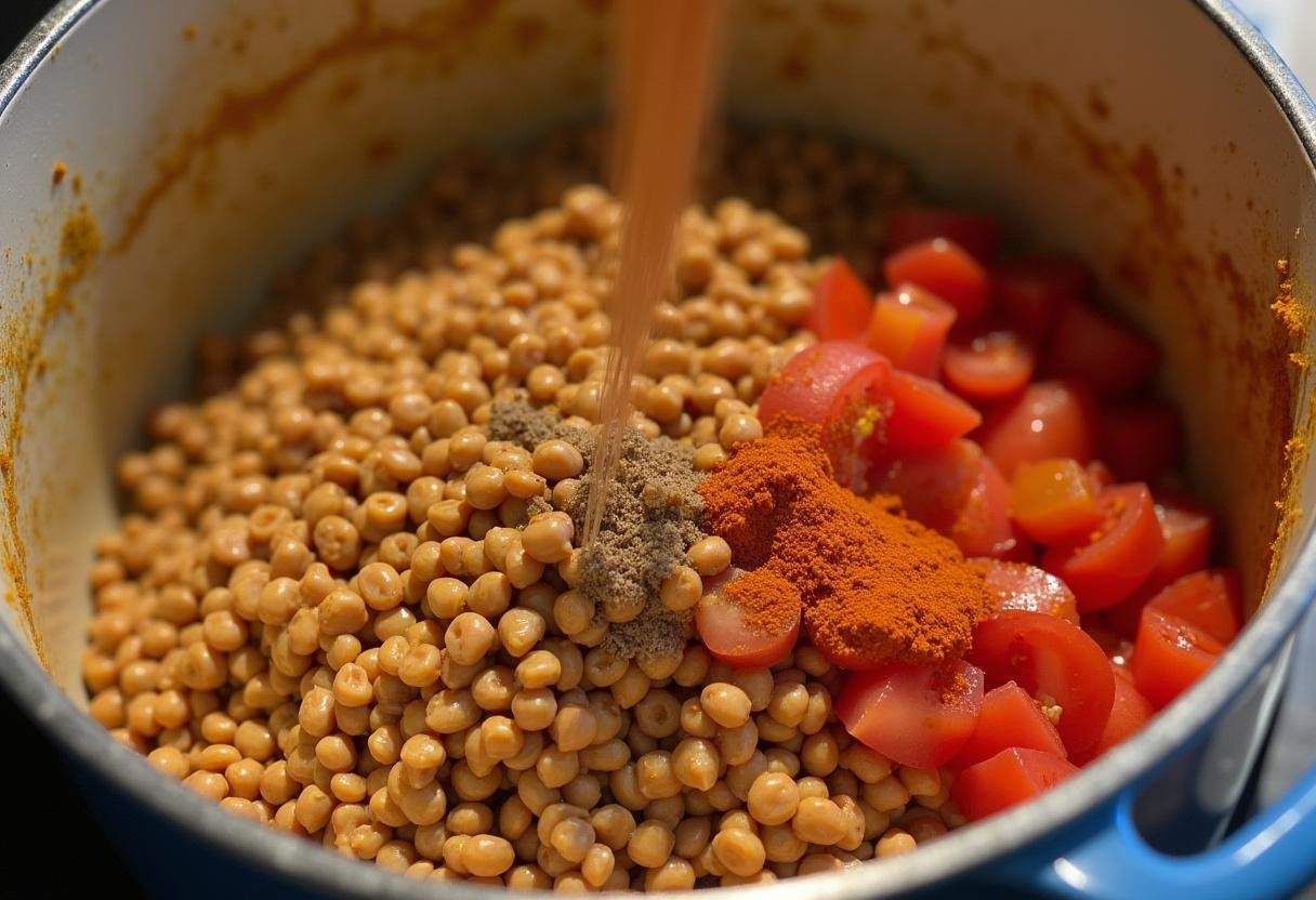 Adding lentils, tomatoes, and spices to the pot for Indian Lentil & Spinach Curry preparation.