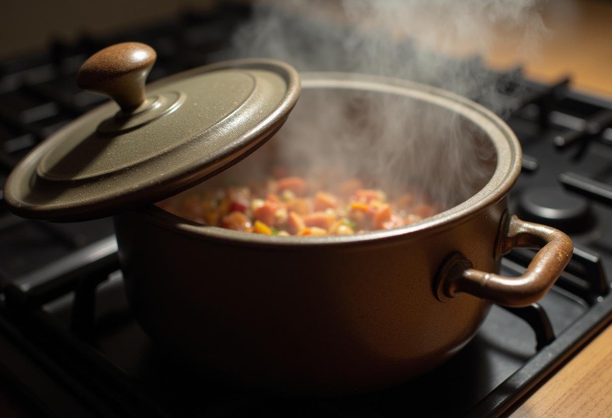Simmering Indian Lentil & Spinach Curry in a pot, showcasing the cooking process.