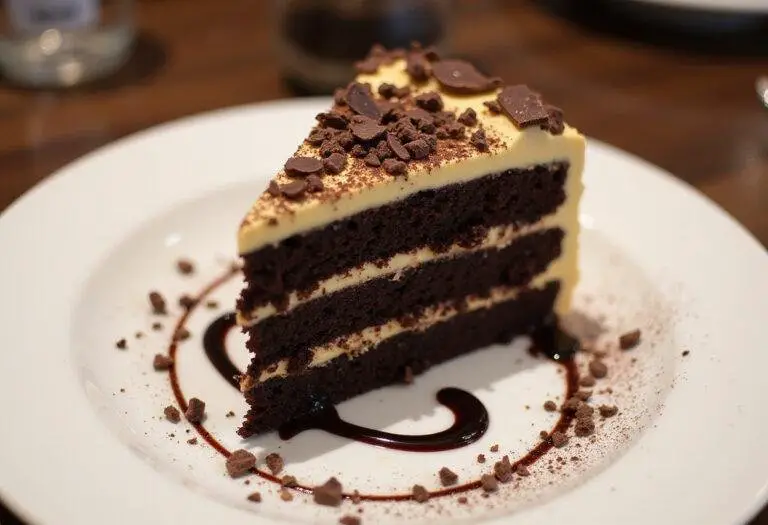 Final presentation of intense dark black gold cake, indulgent chocolate dessert slice with garnishes.