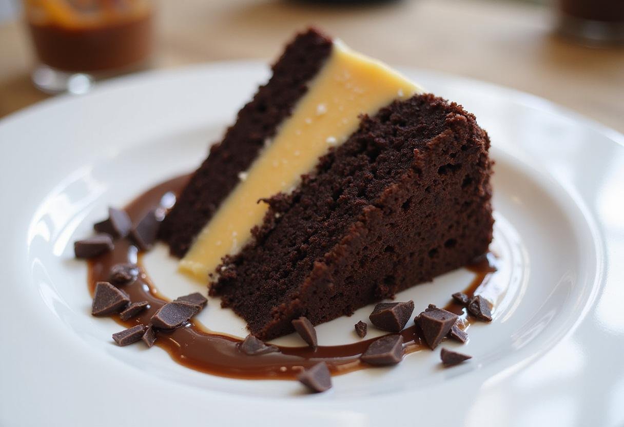 Final presentation of intense dark black gold cake, indulgent chocolate dessert slice with garnishes.