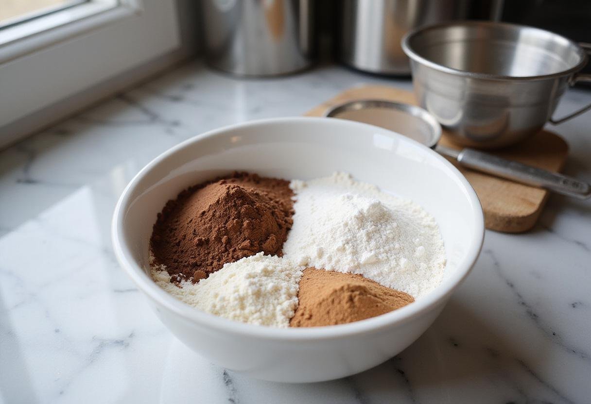 Mixing dry ingredients for black gold cake, flour and cocoa preparation in a warm kitchen setting.