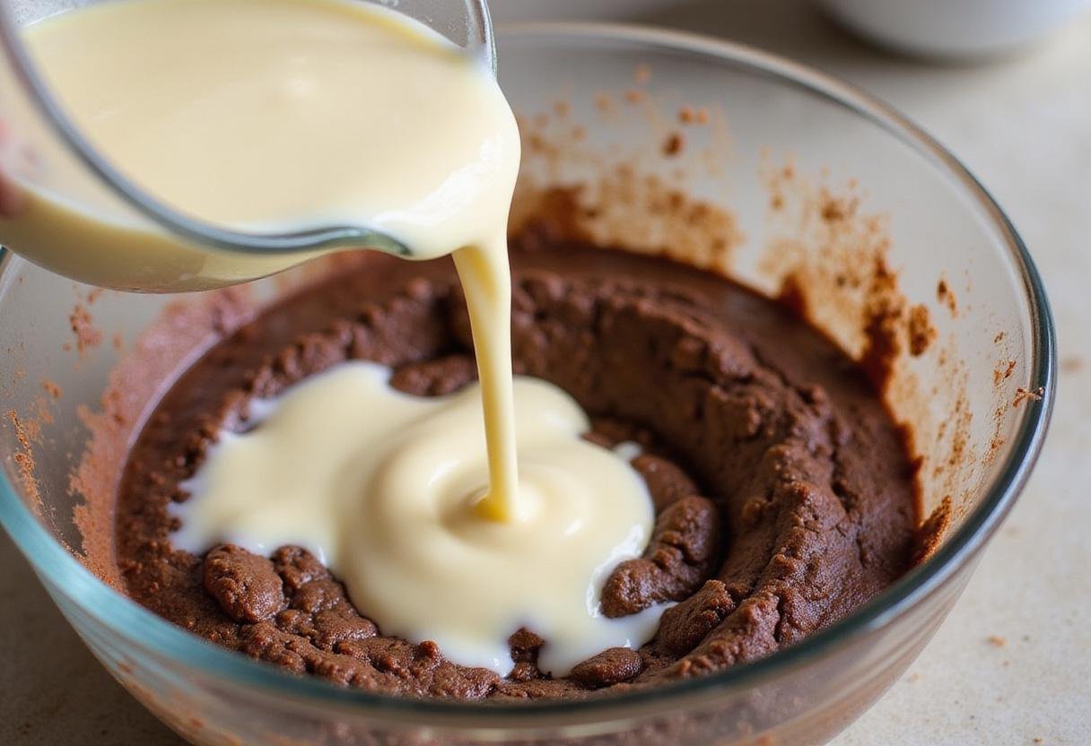 Combining buttermilk with dry ingredients for decadent black gold cake, showcasing cake batter preparation.