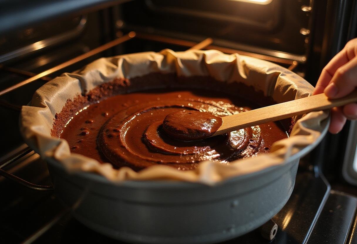 Preparing to bake black gold cake, decadent chocolate batter ready in a pan for the oven.