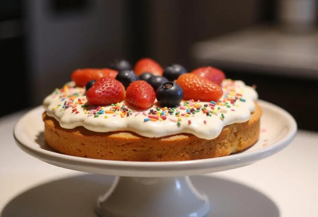 The finished Gas Cake Strain, showcasing its vibrant decorations and inviting presentation on a cake stand.