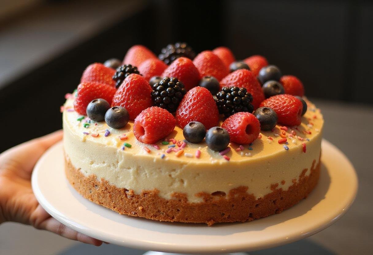The finished Gas Cake Strain, showcasing its vibrant decorations and inviting presentation on a cake stand.