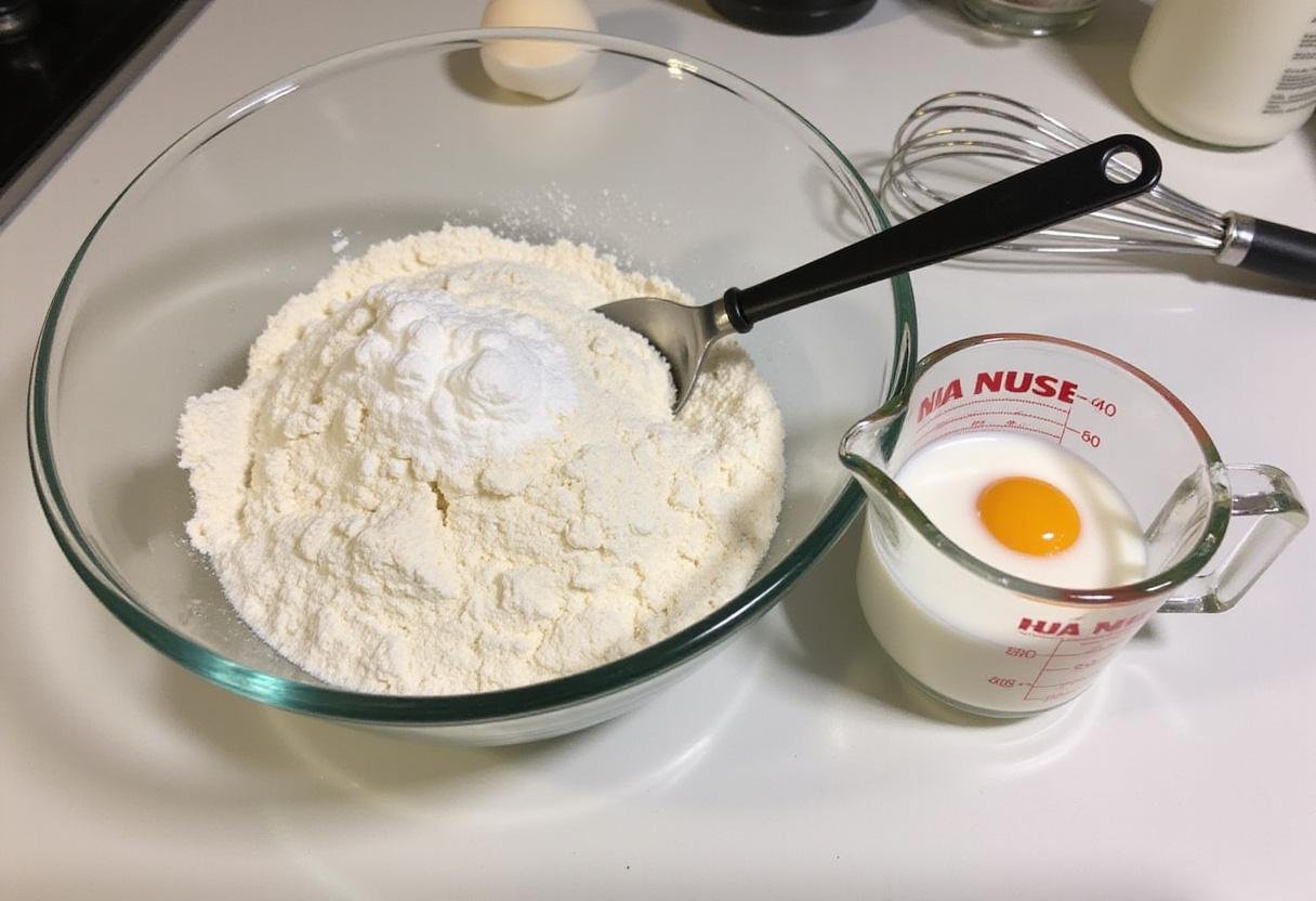 Preparing the ingredients for the Gas Cake Strain, including flour, sugar, and baking powder in a mixing bowl.
