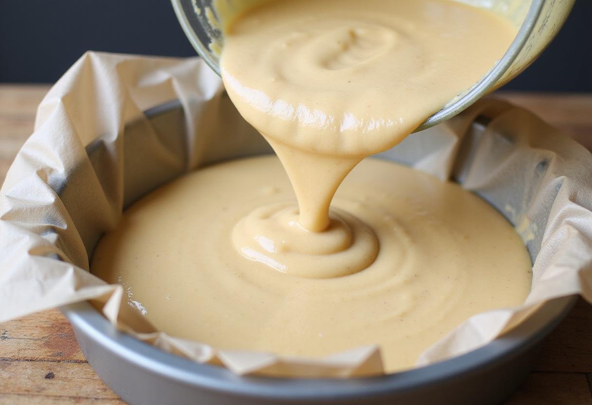 Pouring the cake batter into the lined baking pan for the Gas Cake Strain, ensuring an even layer ready for baking.