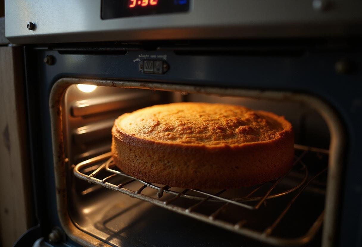 Gas Cake Strain batter rising beautifully in the oven, showcasing the baking progress and inviting warm kitchen ambiance.