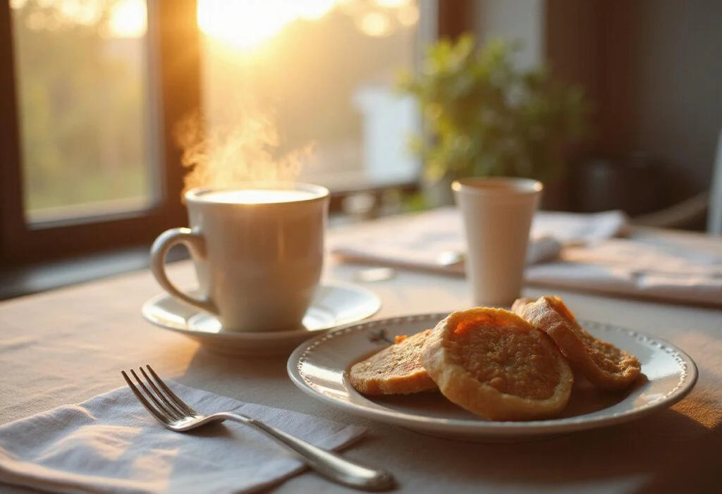 Invigorating Friday Sunrise Coffee beautifully displayed with breakfast plate, offering a fresh start to the day.