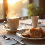 Invigorating Friday Sunrise Coffee beautifully displayed with breakfast plate, offering a fresh start to the day.