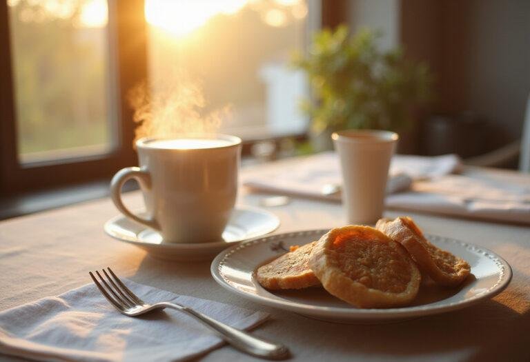 Invigorating Friday Sunrise Coffee beautifully displayed with breakfast plate, offering a fresh start to the day.