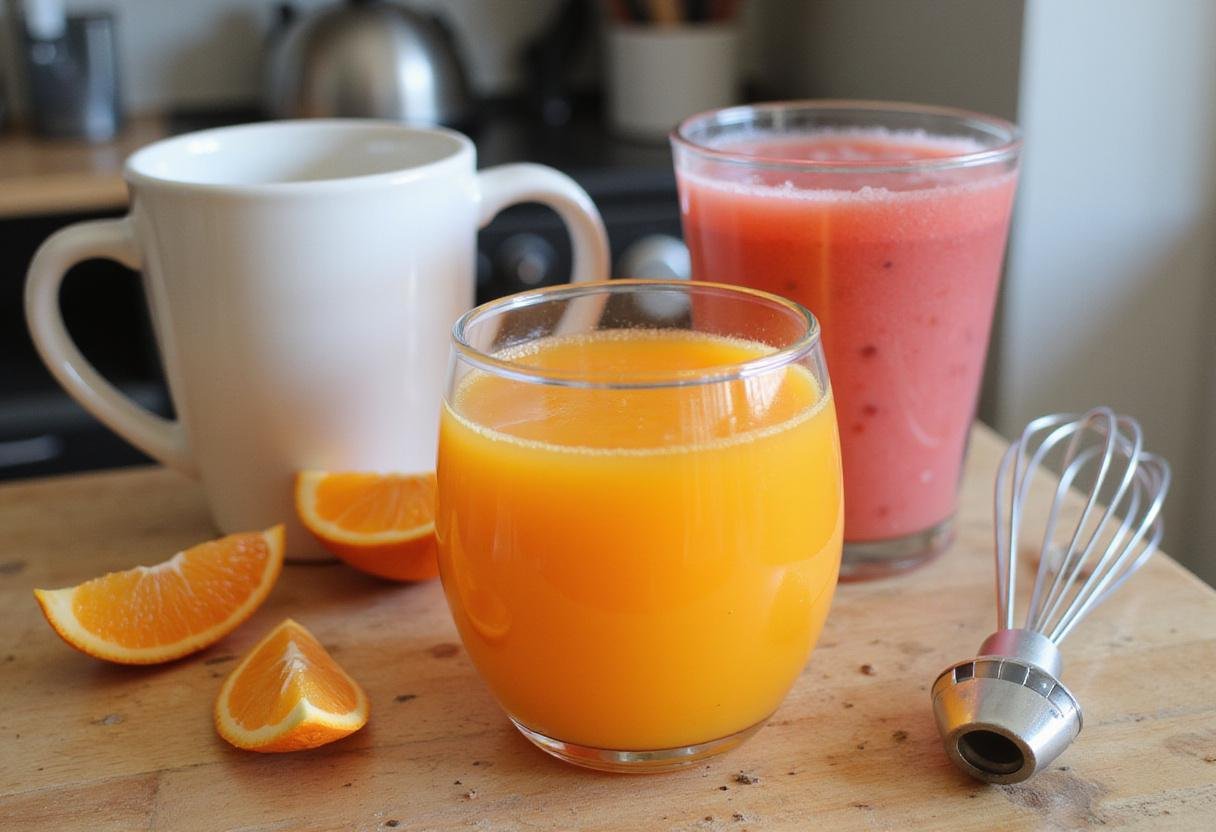 Vibrant ingredients for invigorating Friday coffee including orange juice and grenadine, ready for mixing.