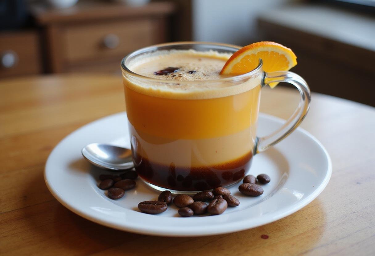 Artfully presented Friday Sunrise Coffee featuring layers of coffee and orange juice, garnished with a slice of orange.