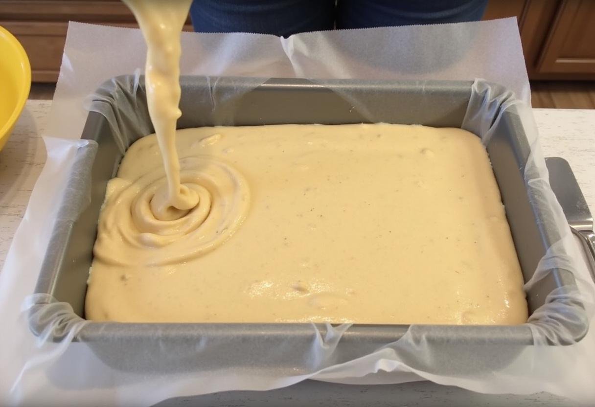 Pouring batter for jelly roll indianapolis, capturing the smooth consistency of the cake mixture in the pan.