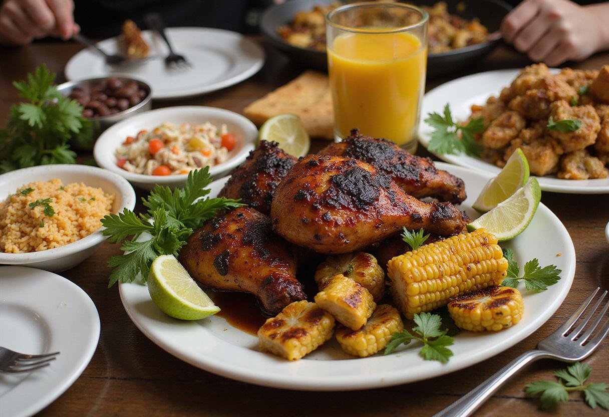 An inviting table setting featuring jerk chicken and the best side dishes, showcasing flavorful and colorful accompaniments.