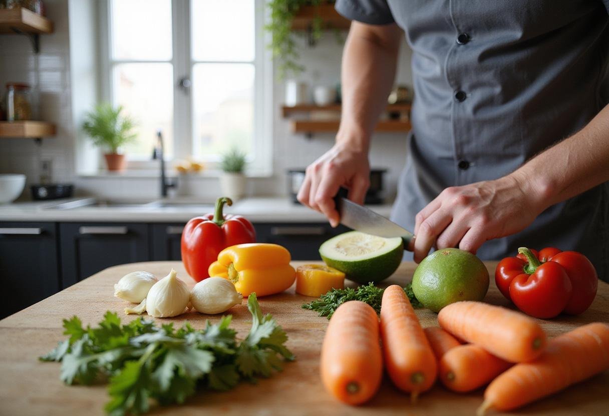 Freshly sliced vegetables for vibrant and healthy side dishes for jerk chicken in a bright kitchen.