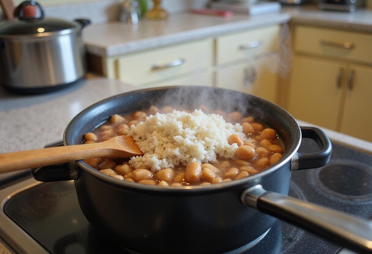 Cooking rice and beans on the stove as a perfect side dish for jerk chicken, filled with enticing aromas in a cheerful kitchen.