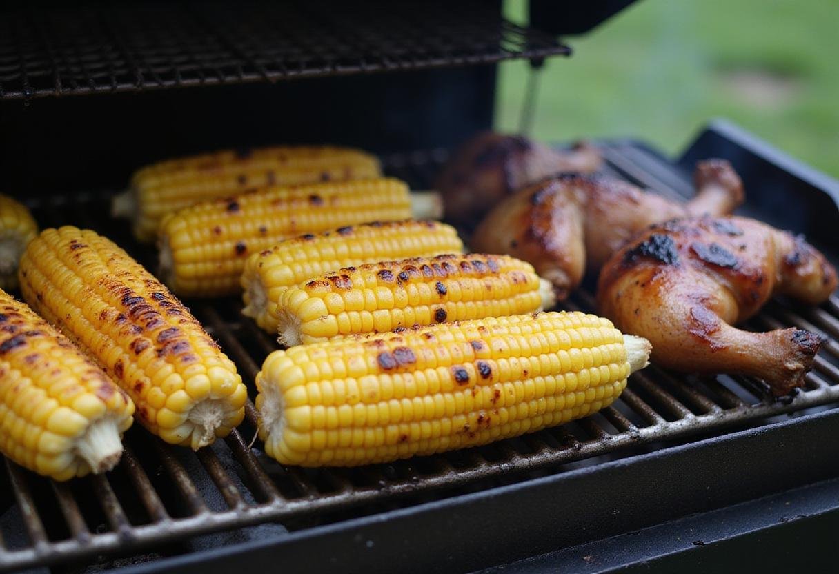 Grilling corn on the cob alongside jerk chicken, highlighting delicious side dishes for a summer barbecue.