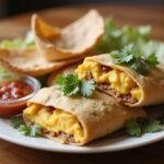 Deliciously plated Jimmy Dean's breakfast burritos, sliced and served with salsa, perfect for breakfast.