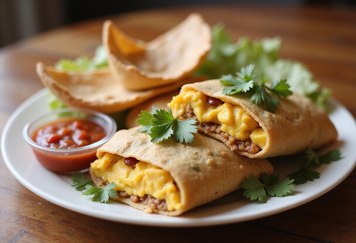 Deliciously plated Jimmy Dean's breakfast burritos, sliced and served with salsa, perfect for breakfast.