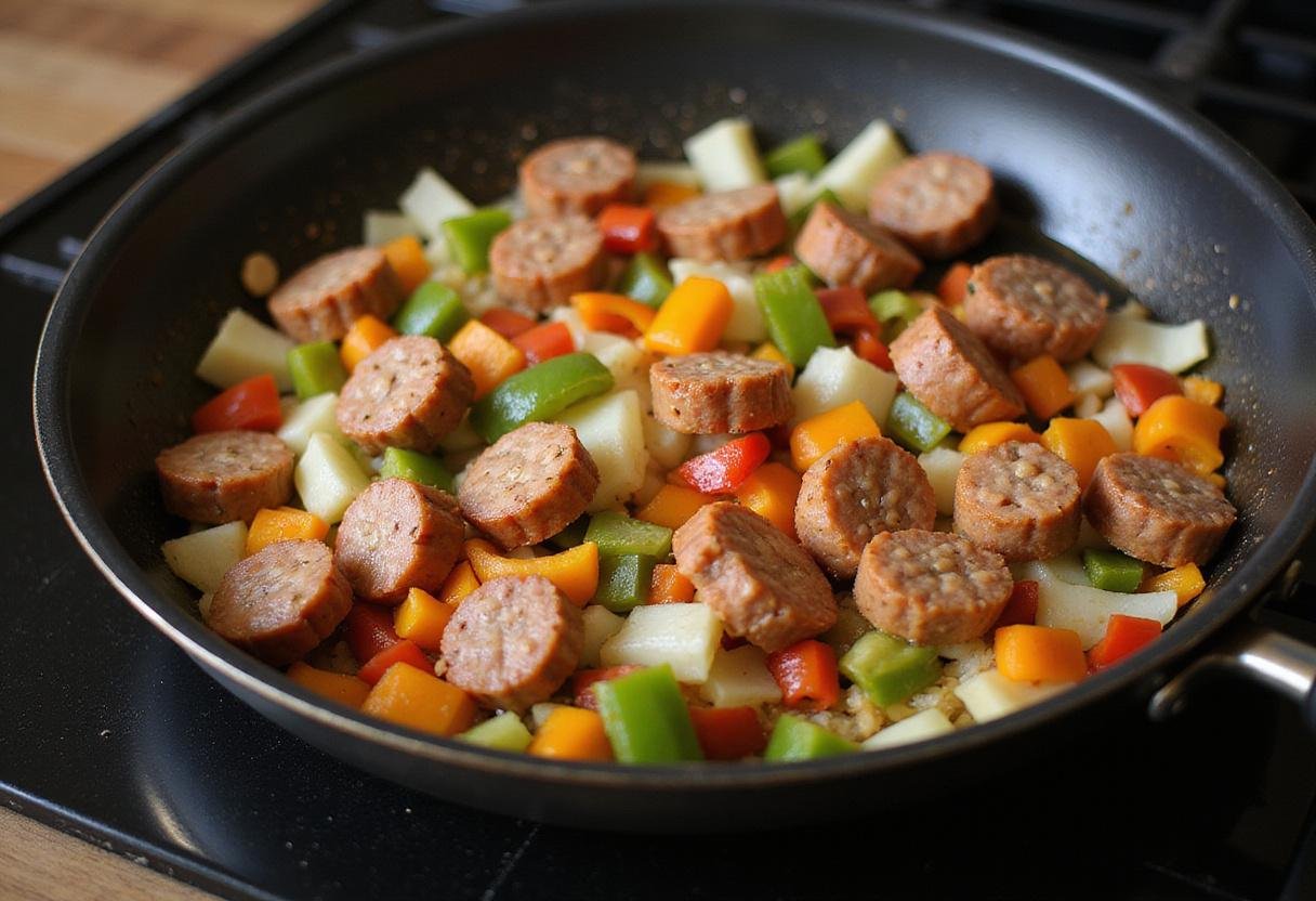 Cooking colorful vegetables and sausage for Jimmy Dean's breakfast burrito in a skillet.